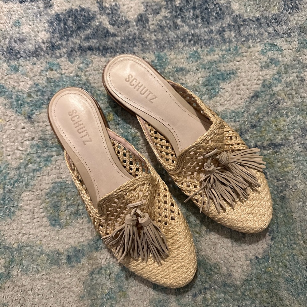 Schutz Women's Tan Woven Mules, Size 8.5